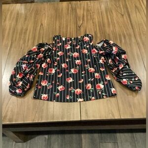OLM black White Red Floral Cold Shoulder Cotton Blouse ShiRT Puff Sleeve Large